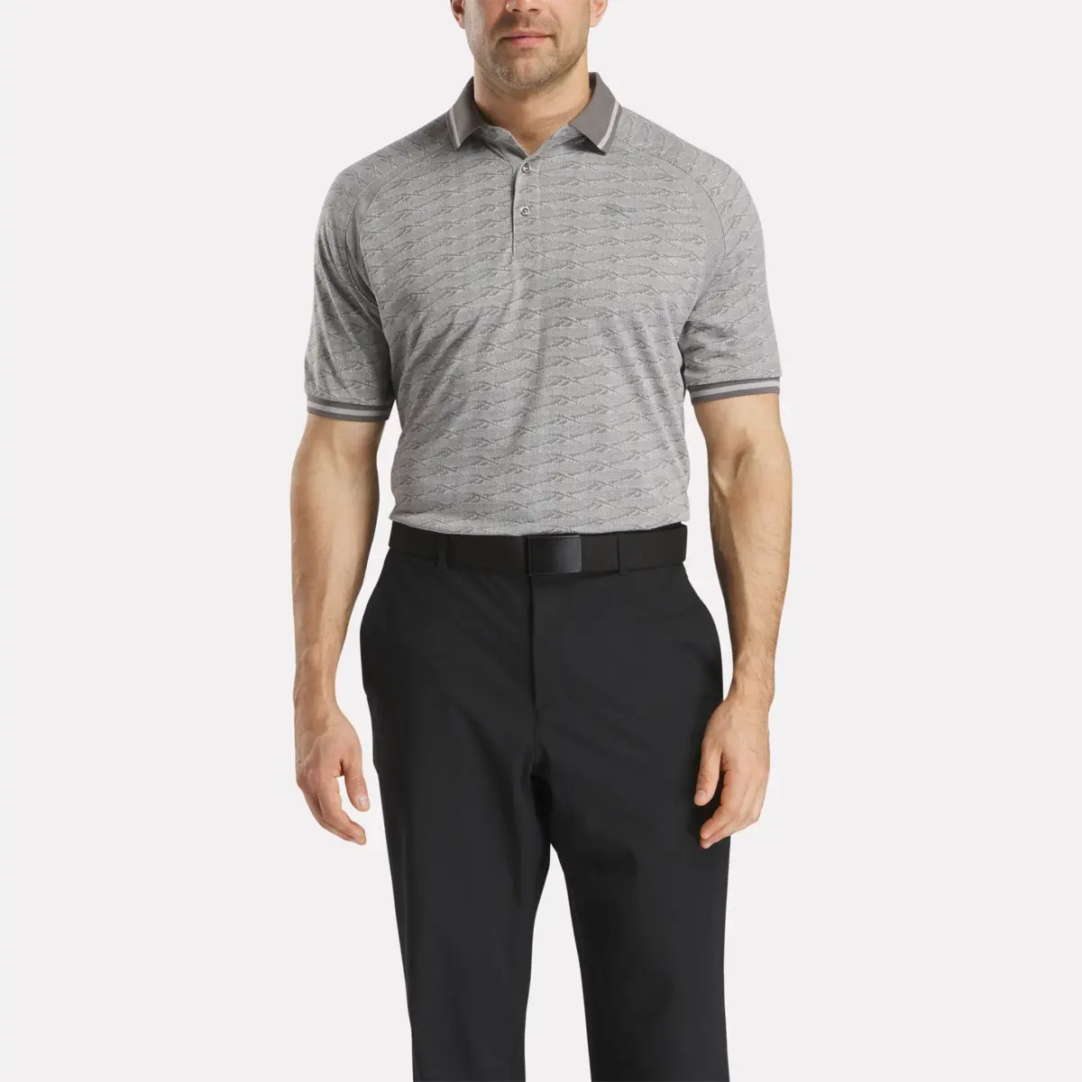 Men’s Short Sleeve Tonal Vector Jacquard Polo Shirt with Tipped Rib Trim Men’s Short Sleeve Tonal Vector Jacquard Polo Shirt with Tipped Rib Trim