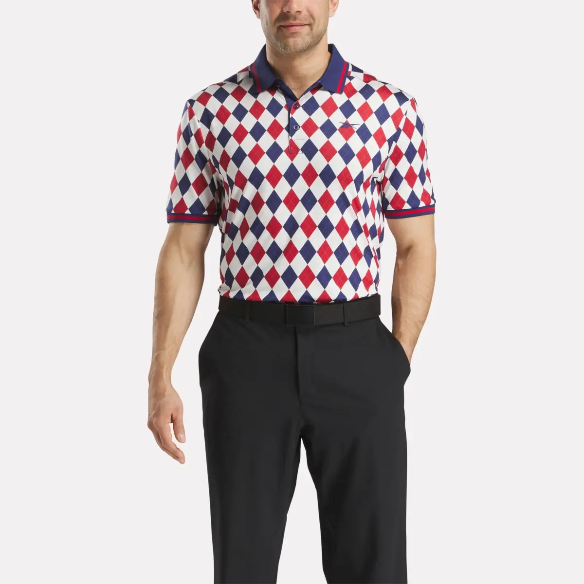 Men’s Short Sleeve Vector Argyle Print Polo Shirt with Tipped Rib Trim